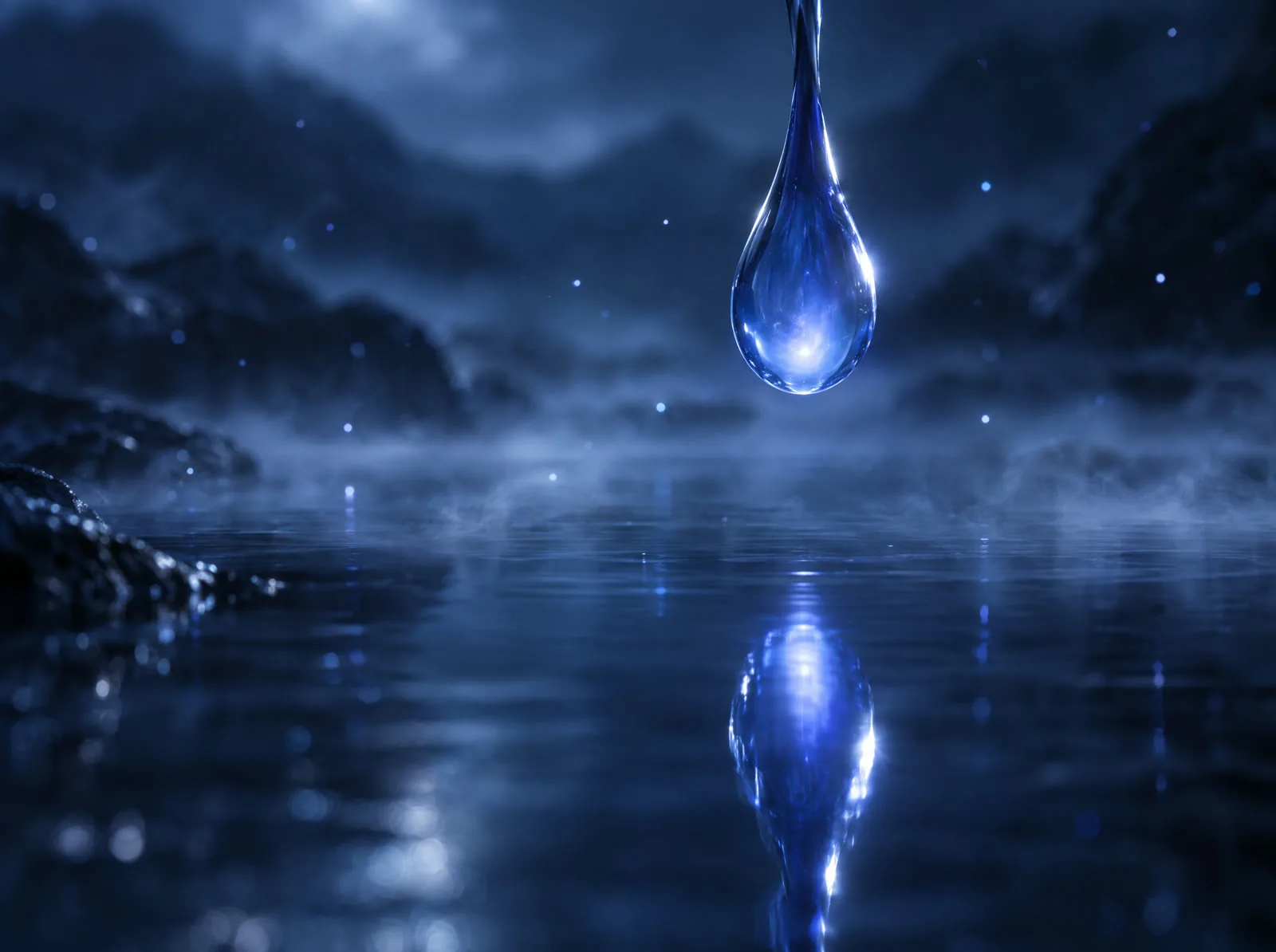 A single glowing drop hanging above calm blue water