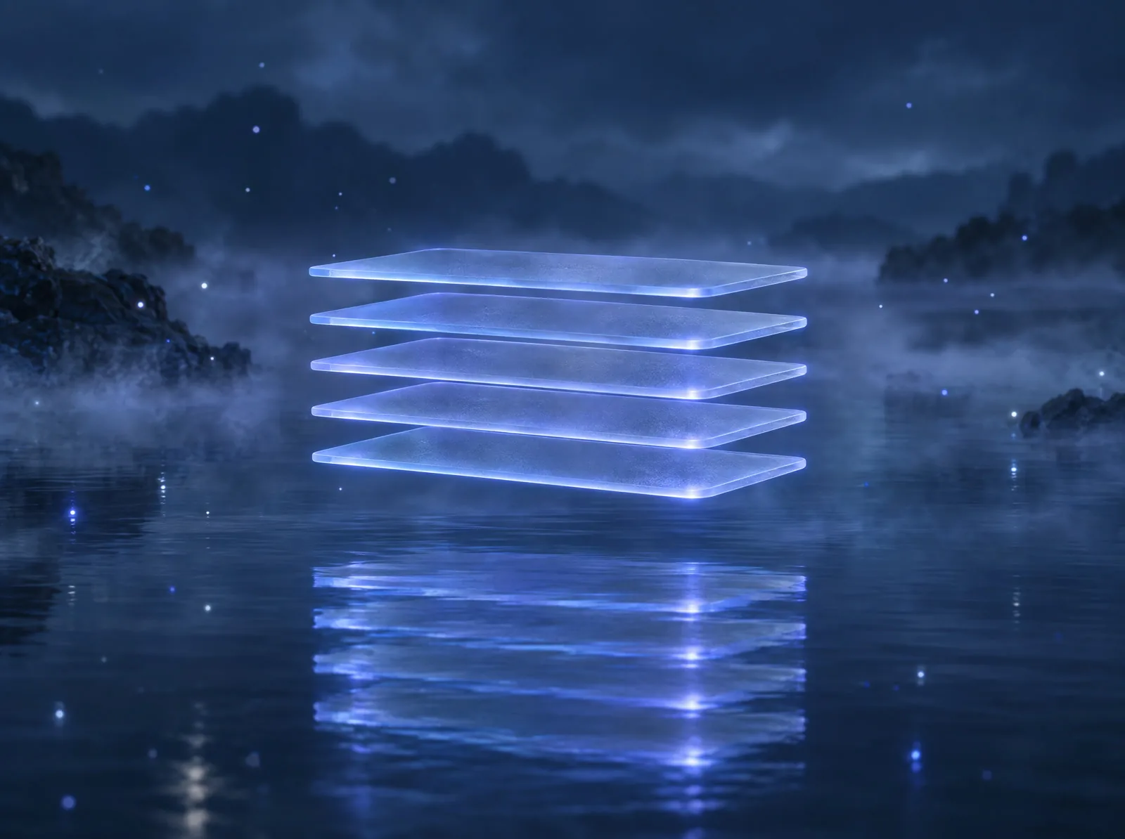 Layered sheets of blue glass stacked in soft light